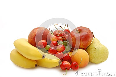 Banana, sweet cherry, apple, pear, apricot, peach Stock Photo