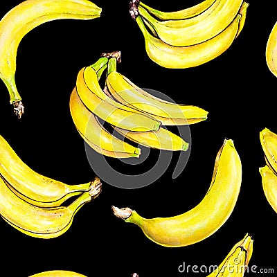 Bananas on black background. Seamless pattern. Watercolor illustration. Tropical fruit. Handwork Cartoon Illustration