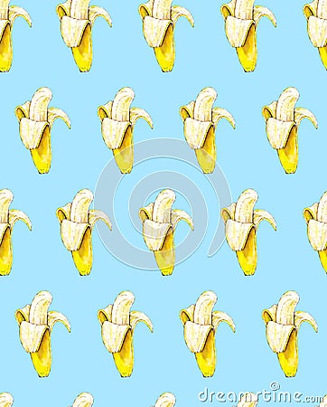 Bananas on blue background. Seamless pattern. Watercolor illustration. Tropical fruit. Handwork Cartoon Illustration