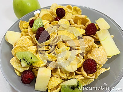 Bananas for breakfast, raspberry berry, apple slicesVegetarian food. Vegetarian food, healthy food.apple slices Stock Photo