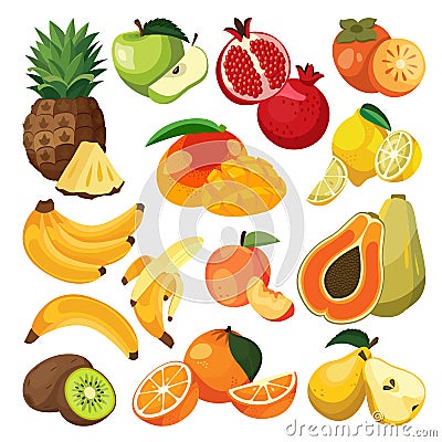 Bananas, oranges, pineapple tropical fruits. Vector flat cartoon illustration. Fresh food design elements and icons set Vector Illustration