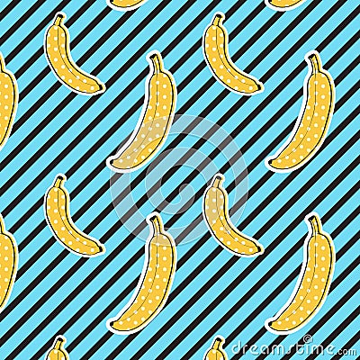 Bananas pattern on stripes background. Seamless Pattern. Pop art color. Print texture. Fabric design. Vector Illustration