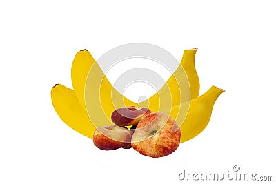 Bananas with peach close-up on a white background Stock Photo