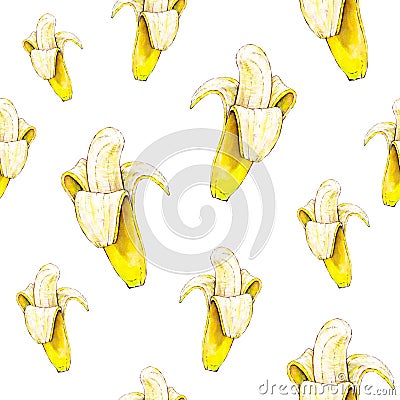Bananas on white background. Seamless pattern. Watercolor illustration. Tropical fruit. Handwork Cartoon Illustration