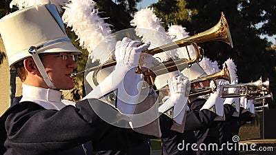 Band members blow trumpets during the Tournament of Roses Parade Editorial Stock Photo