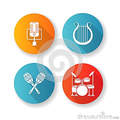 Band musical instruments flat design long shadow glyph icons set Vector Illustration