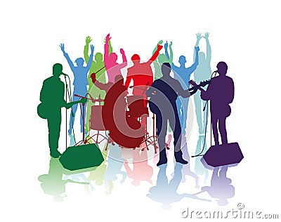 Band Musicians and Cheering Fans Vector Illustration