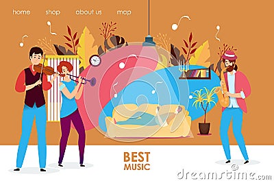 Band play music in earphones, vector illustration. Man in headphones character listen instrument composition landing Vector Illustration