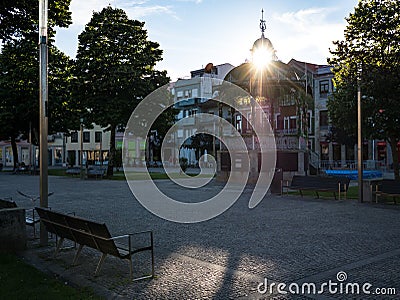 Band stand / Gazebo in old town square of Povoa de Varzim, Portugal with sun setting behind. Editorial Stock Photo