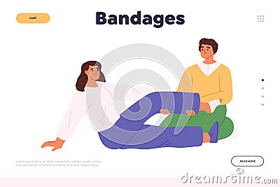 Bandages concept of landing page with man putting band on female foot after injury Vector Illustration