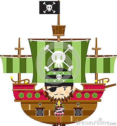Bandana Pirate and Ship with Skull and Crossbones Vector Illustration