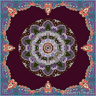 Bandana print with flower mandala and paisley ornamental frame in ethnic style. Vector Illustration