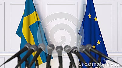 Bandeiras da Suécia e da União Europeia na conferência internacional da reunião ou de imprensa das negociações ilustração royalty free Bandeiras da Suécia e da União Europeia na conferência internacional da reunião ou de imprensa das negociações ilustração royalty free