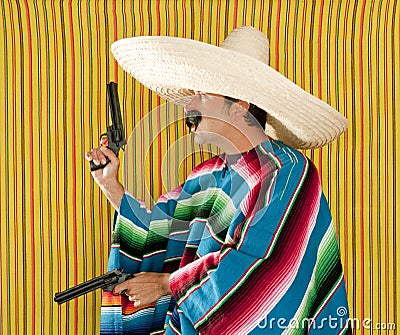 Bandit Mexican revolver mustache gunman sombrero Stock Photo