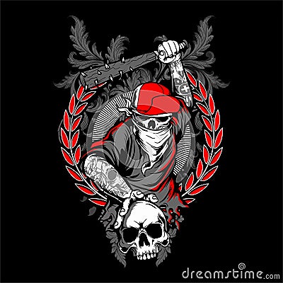 bandit skull in hipster cap and skeleton Vector Illustration