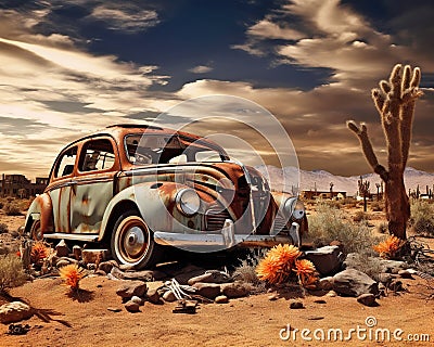 bandoned and rusty car in a desert next to a destroyed bar. Cartoon Illustration