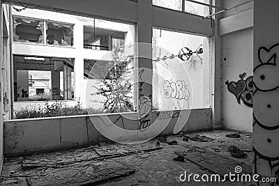 Abandoned vandalized office building Stock Photo