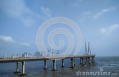 Bandra worli sea-link bridge in sea at Bandra, Mumbai with Mumbai's skyline behind it Editorial Stock Photo