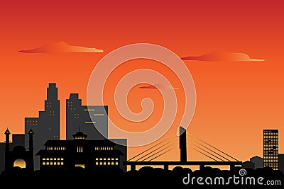 Silhouete of Bandung City skyline at down, orange sky Vector Illustration