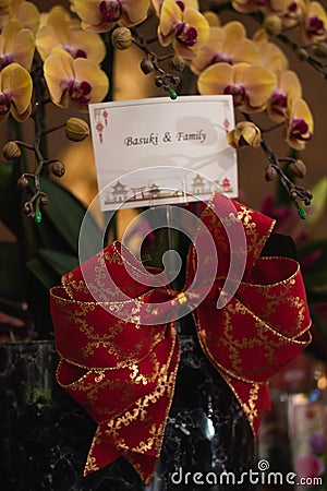Bandung, Indonesia - January 8, 2022 : The offerings like food and candle on the top of the red Buddhist table during the praying Editorial Stock Photo