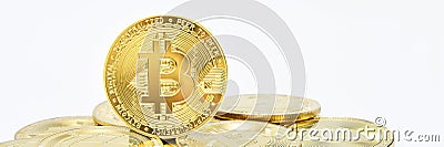 Baner Bitcoin Cryptocurrency , panorama gold coins , mining , future money Stock Photo