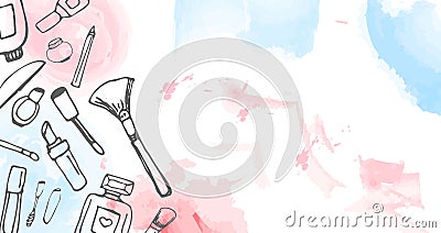 Baner Printable Cosmetics Watercolor Stains Cosmetic Makeup Tools Set Vector Illustration