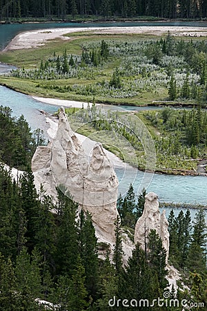 BANFF, ALBERTA/CANADA - AUGUST 7 : Bow River and the Hoodoos near Banff in the Canadian Rockies Alberta on August 7, 2007 Stock Photo