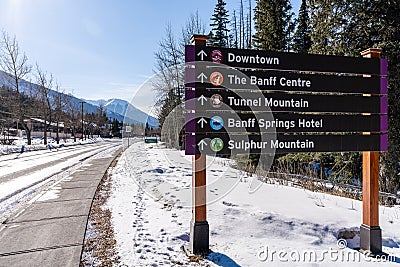 Town of Banff street signpost. Banff National Park winter time. Canadian Rockies. Editorial Stock Photo