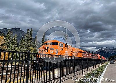 Banff, Alberta, Canada - September 30, 2021: A CP supports National Day for Truth and Reconciliation with 8757 locomotive painted Editorial Stock Photo