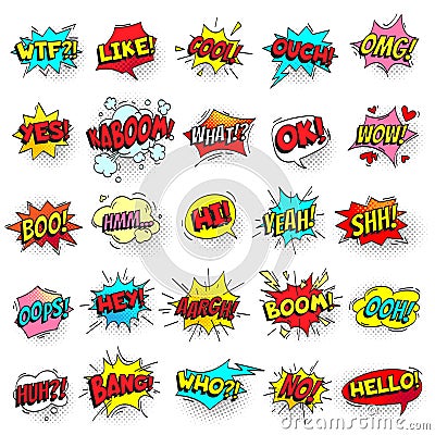 Bang, ouch shouts and yeah shouting text bubble with halftone pattern shadow. Pop art retro style shout speech bubbles vector set Stock Photo