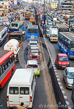 Bangalore city is one of the most dense traffic cities in India, With one vehicle per every two individuals, on December 14, 2015. Editorial Stock Photo