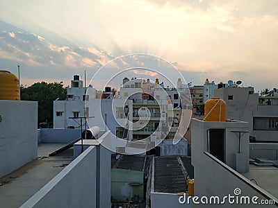 Bangalore Sunset from the terrace of the building and surrounded with Apartments and Houses Editorial Stock Photo
