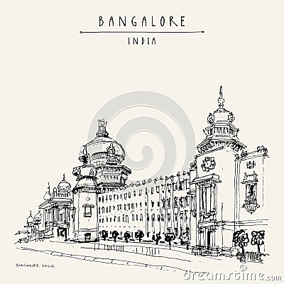 Bangalore vector postcard. India. Vintage travel sketch Vector Illustration