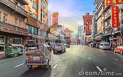Bangkok China Town or Yaowarat road in evening sunset with Tuk T Editorial Stock Photo