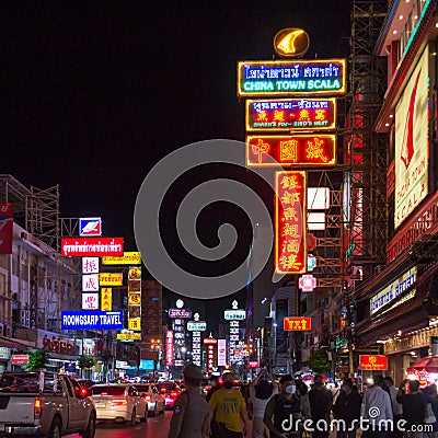 Bangkok Chinatown Neon Signs at Night, Yaowarat Road Editorial Stock Photo