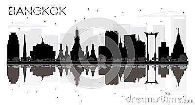 Bangkok City skyline black and white silhouette with reflections Cartoon Illustration