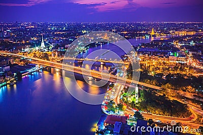 Bangkok city skyline and Chao Phraya River in twilight, Thailand Stock Photo