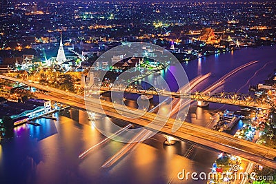 Bangkok city skyline and Chao Phraya River in twilight, Bangkok, Thailand Stock Photo