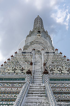 Stairs to the top of Main Spire of Temple of Dawn, Bangkok Thailand Stock Photo