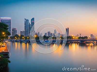 Bangkok Cityscape River View At Twilight Time Stock Photo