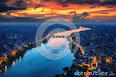 Bangkok cityscape at sunset with Chao Phraya River, Thailand, Aerial skyline view of Hanoi. Hanoi cityscape at twilight, AI Stock Photo