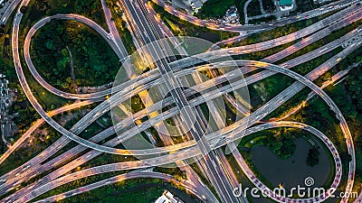 Bangkok Expressway top view, Top view over the highway,expressway and motorway at night, Aerial view interchange of a city, Shot Stock Photo