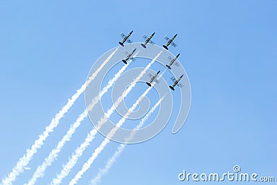 BANGKOK - MARCH 23:Breitling Jet Team Under The Royal Sky Breitling Team and Rayal Thai Air Force Air Show at Donmueang Bangkok Editorial Stock Photo