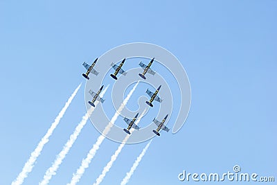 BANGKOK - MARCH 23:Breitling Jet Team Under The Royal Sky Breitling Team and Rayal Thai Air Force Air Show at Donmueang Bangkok Editorial Stock Photo