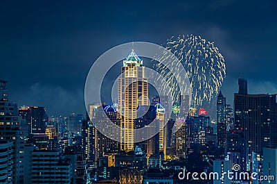 Bangkok skyline at new years eve night panorama Stock Photo