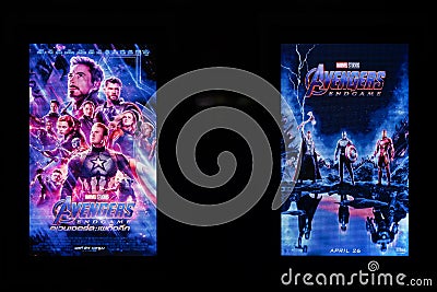 Bangkok, Thailand - Apr 28, 2019: Avengers Endgame movie advertisement on two LED screens. Cinema theatre promotional advertising Editorial Stock Photo