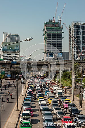 BANGKOK, THAILAND - APR 2015: Bangkok traffic jam at Petchburi Road Asoke Ratchada junction on 21 April 2015 Editorial Stock Photo