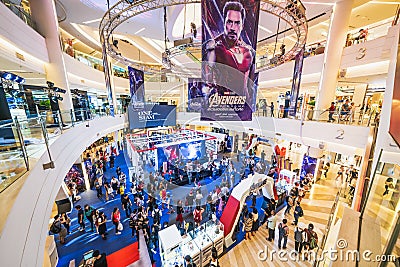 Bangkok, Thailand - Apr 25, 2019: Crowded people attending Avengers Endgame exhibition booth in shopping mall Editorial Stock Photo