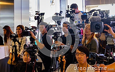 Bangkok,Thailand-02 APR 2018: Lot of video camera operators are working Editorial Stock Photo