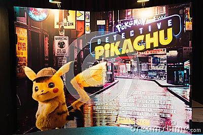 Bangkok, Thailand - Apr 25, 2019: Pokemon Detective Pikachu animation movie backdrop display in movie theatre Editorial Stock Photo